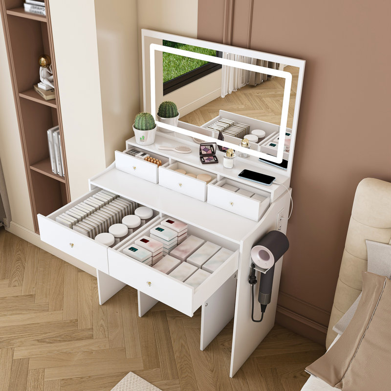 Modern White Bedroom Vanity Desk, 5 Drawers, 3 Lighting Modes, Power Outlet, Hair Dryer Holder, And A Big Wide Full - Face Mirror Desk In White, Adjustable Lighting, Design,