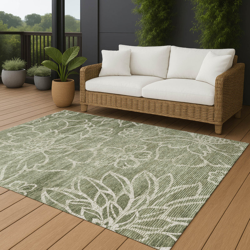 Tapis floral intérieur / extérieur lavable à la machine Chantille ACN2789, Olive, 8 pi x 10 pi