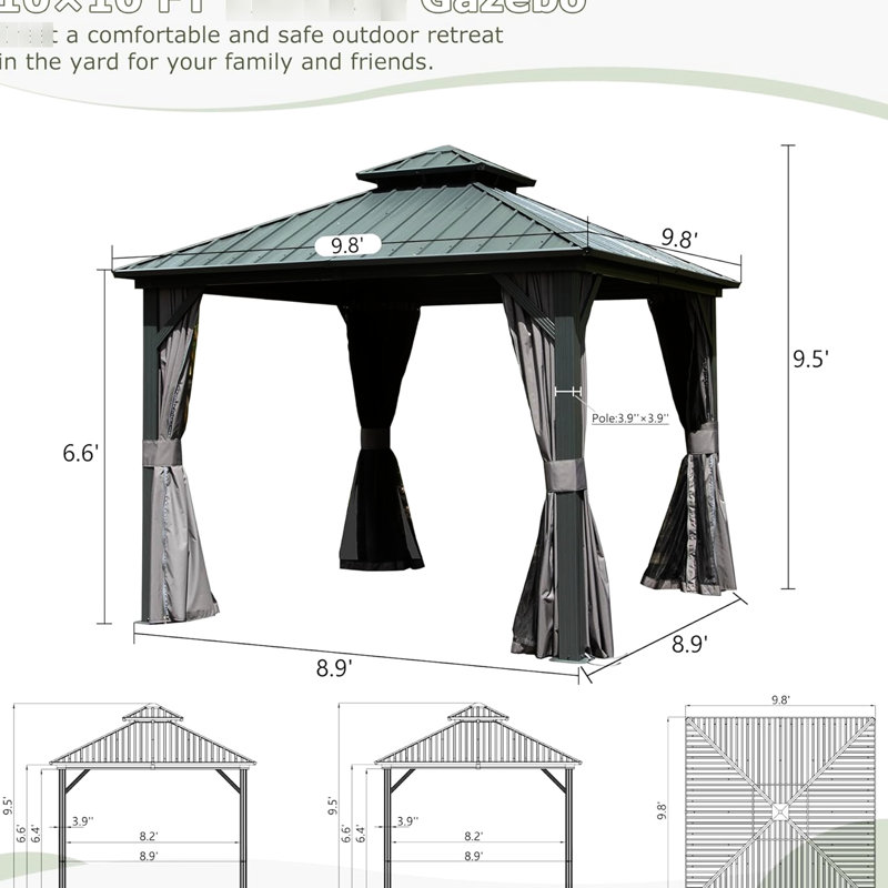 Gazebo, 10x10 Ft, Aluminum Metal, Galvanized Steel Roof, For Patio, Deck, Backyard Backyard, Deck