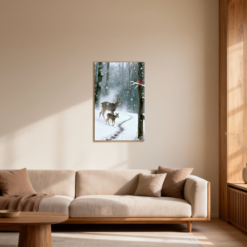 Animaux, hiver, cerf et cardinal, scène, H 40 po x l 28 po