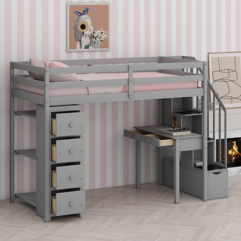 Lit mezzanine avec tiroirs de rangement, Gris
