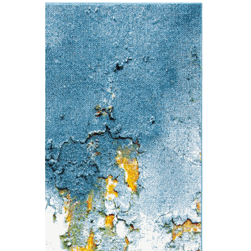 Tapis bleu / doré à motif abstrait Jaxen, Tapis de couloir 2 pi 3 po x 12 pi