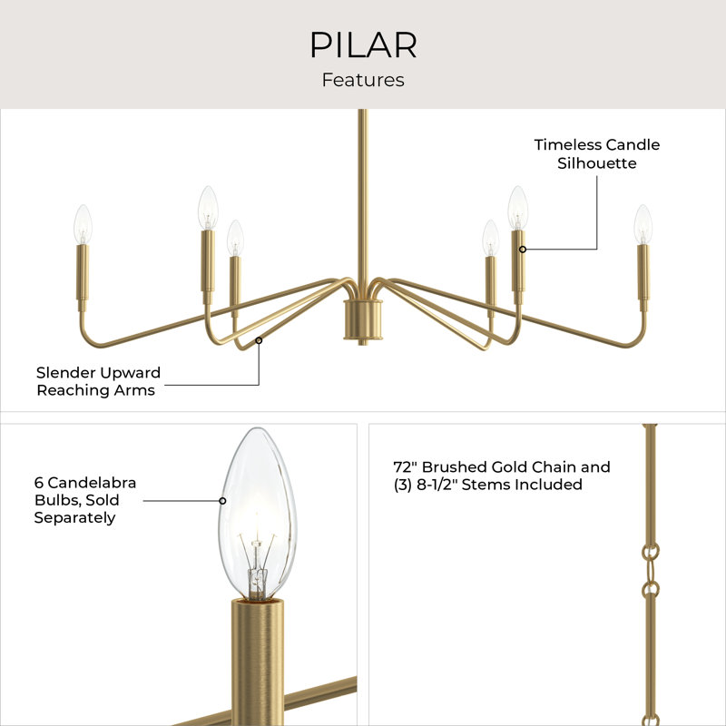 Pilar 6-Light Brushed Gold Chandelier, Brushed Gold