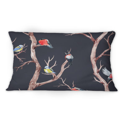 Fall Trees With Red Birds On Black -1 Traditional Printed Throw Pillow
