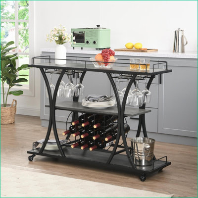 Industrial Bar Cart with 3-Tier Storage, Wheels & Wine Racks | Iron | Matte Silver