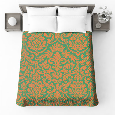 Orange Green Damask Quilted Bedspread All Sizes