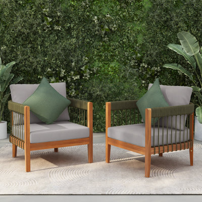 [Set Of 2] Acacia Wood Outdoor Club Chair With Handwoven Rope Accents & Curved Backrest - Water-Resistant Patio Lounge Chair With Removable Cushions For Porch, Garden