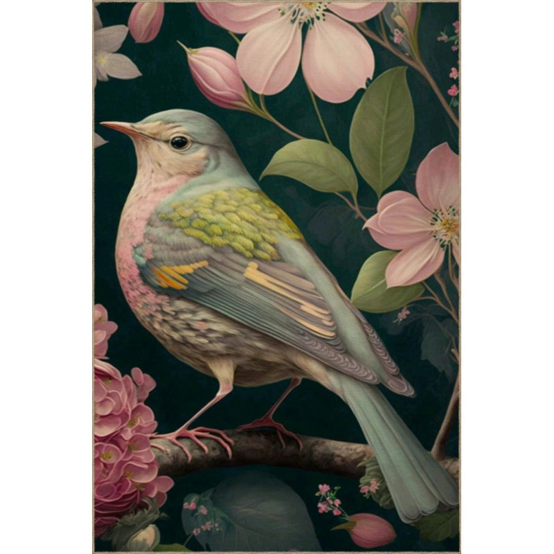 Flying Bird And Branch Flower Patterned Washable Carpet, Runner 2'6" x 6'7"