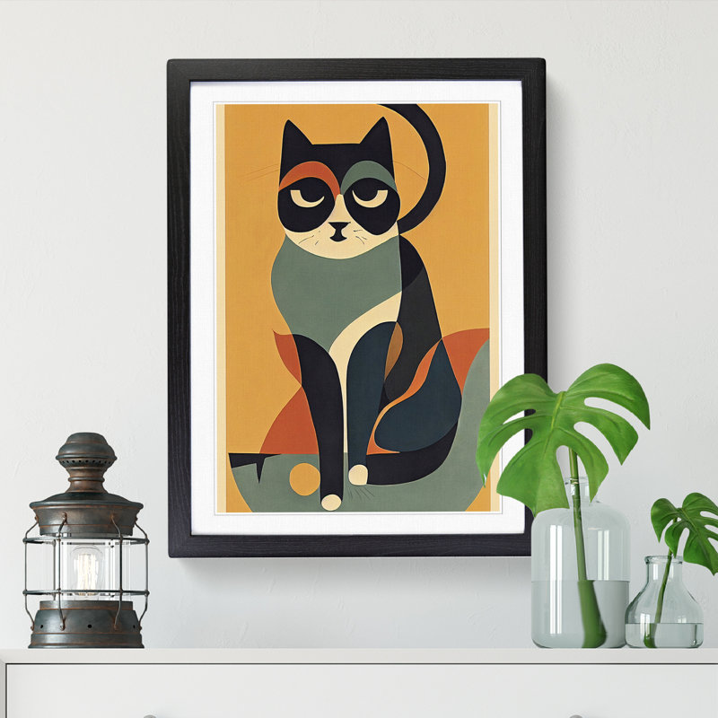 Cat Mid Century Vol.1 - Picture Frame Print, 46cm H x 34cm W, Walnut Framed