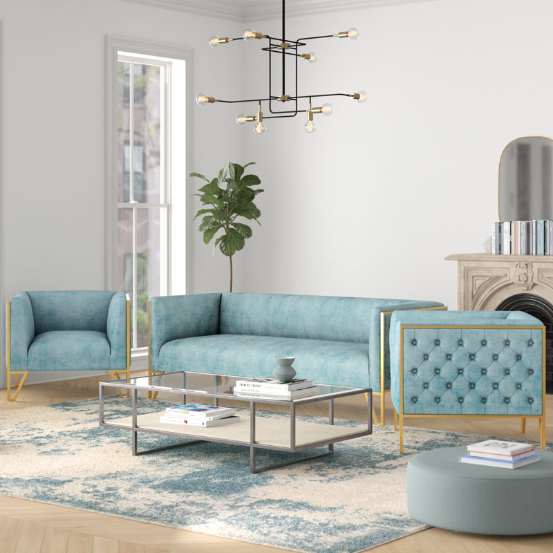 3 - Piece Velvet Living Room Set, Ocean Blue Velvet