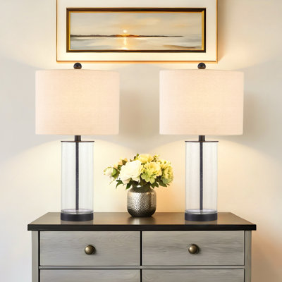Brokk 23.5" Bubble Glass Table Lamp with 3-Way Dimming, Linen Shade and Metal Base for Living Room and Bedroom