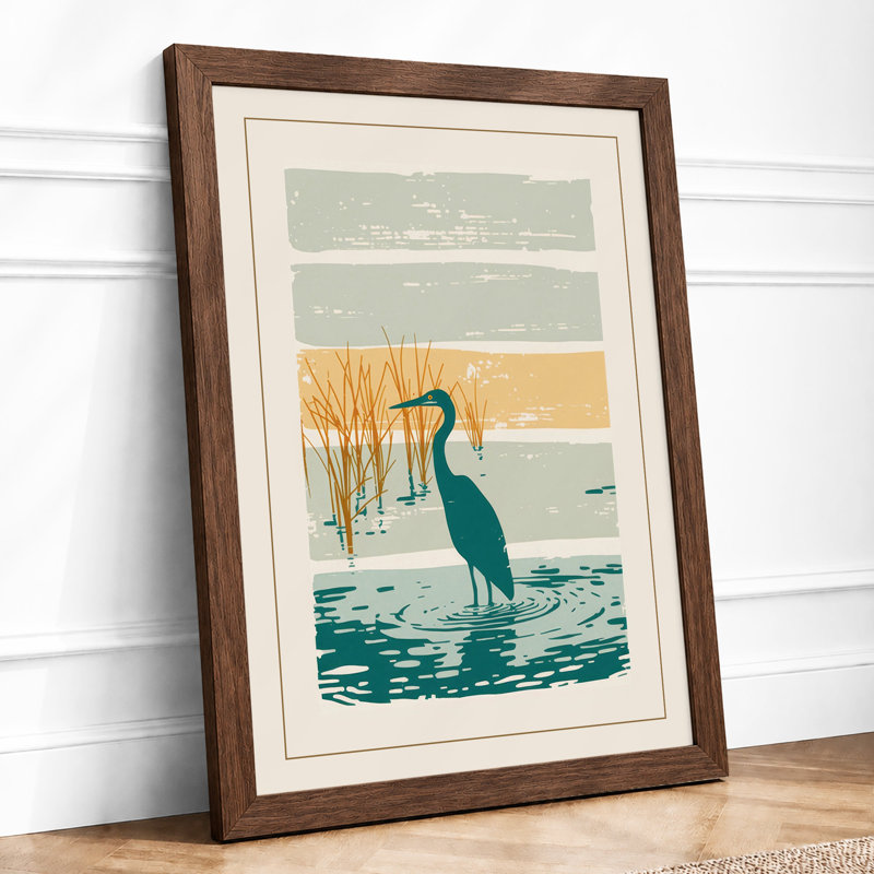 Heron in Reeds Japandi - Framed Print, A4 - 29.7 x 21.0 cm, Walnut