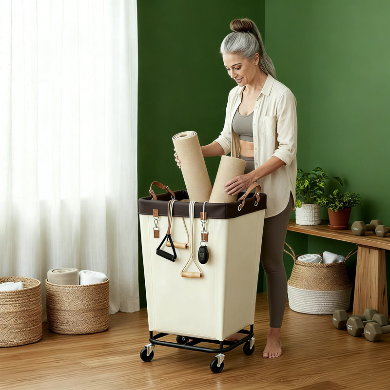 Laundry Basket With Wheels, Large Rolling Hamper (Beige), Beige