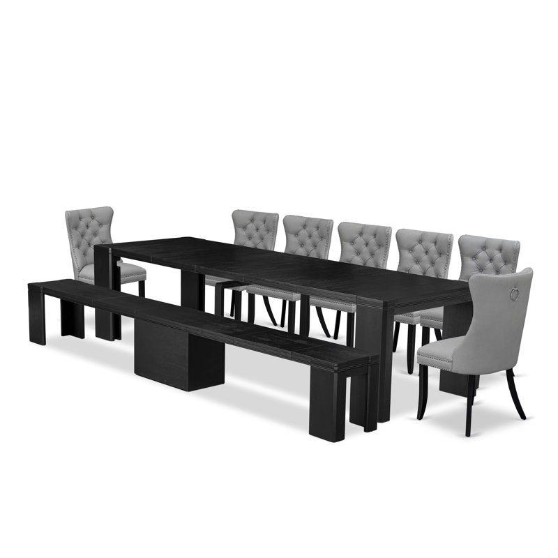 9-piece Xtenczar Dining Table Set a Rectangular Kitchen Table and a wooden Bench and 7 Light Gray Polyester Fabric Dining Room Chair
