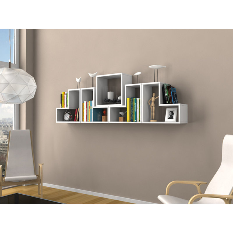 Tablette murale moderne, blanche, 70,9 po x 23,4 po x 5,9 po | 100% panneau de particules enduit de mélamine, épaisseur: 0,7 pouce | Nombreuses tablettes, conception à fixation murale | Parfait pour la décoration intérieure, l'organisation et la présentation de livres et d'accessoires