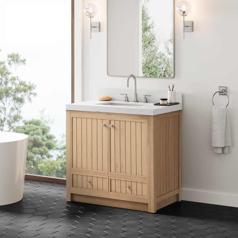 Aula Bathroom Vanity with 2" Thassos White Quartz Countertop, Nordic Natural Oak, 36"