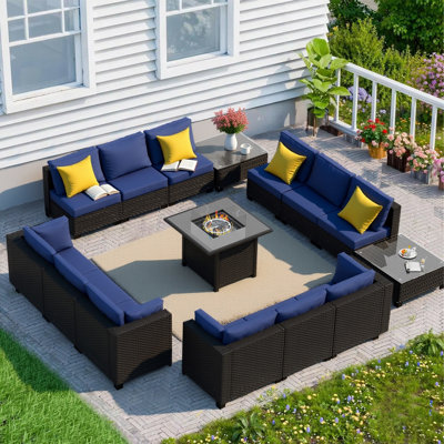 Pre-Assembled Chairs, 12-Person Patio Furniture Set Rattan Outdoor Sectional Conversation Sofa Seating Group With Propane Fire Pit Table