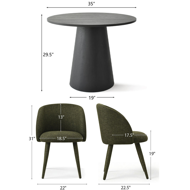 35" Modern Round Pedestal Dining Table Set With 2 Upholstered Arm Dining Chairs, Green