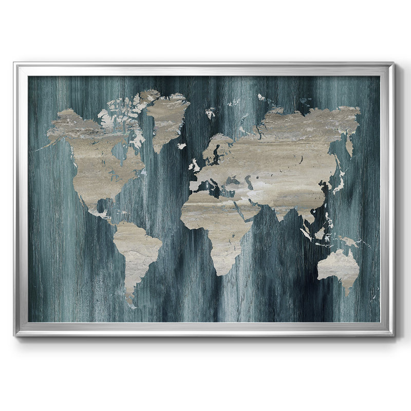 Carte du monde marine imprimée sur toile, H 26 po x l 38 po x P 1,5 po, Argent