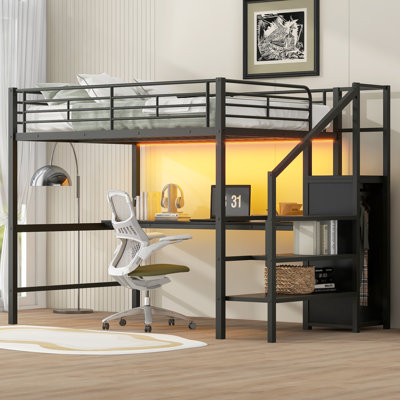 Lit mezzanine en métal avec bureau, escalier de rangement et éclairage à DEL