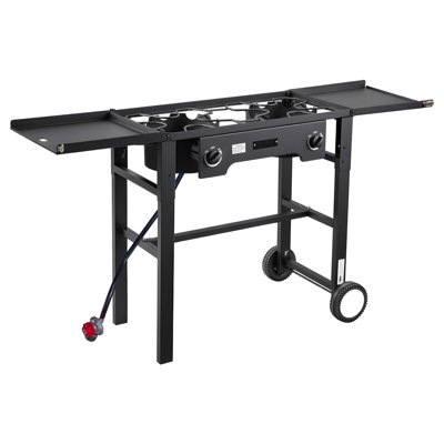 Poêle au gaz propane à 2 brûleurs pour l'extérieur, cuisinière au gaz propane au propane 150 000 BTU, cuiseur d'extérieur robuste en acier au carbone pliable, avec roues et bouclier et régulateur 20 PSI