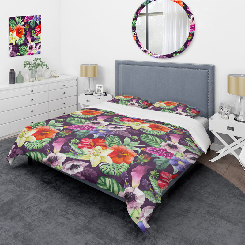 Green Leaf and Flowers - Ensemble de housse de couette floral - Polyester microfibre