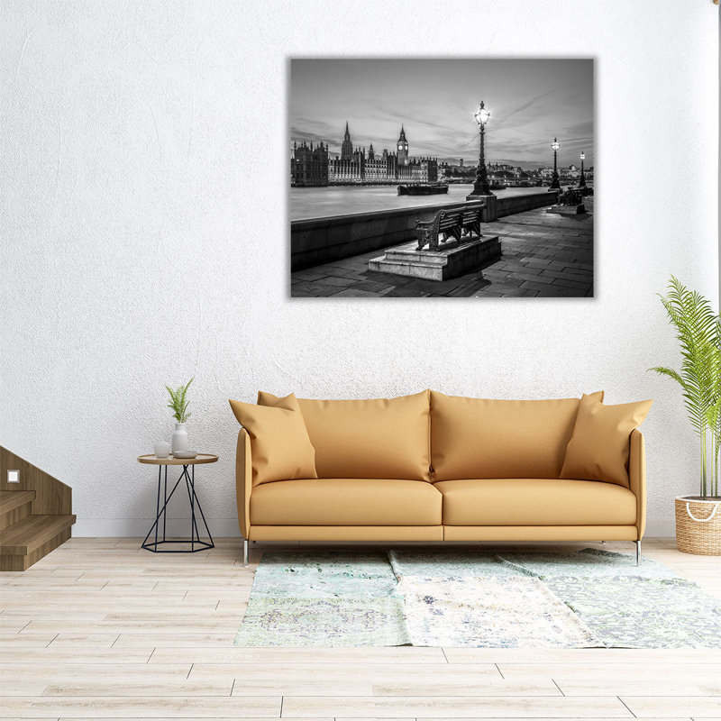 Bancs près de la promenade à côté de la Tamise - impression sur toile, H 18 po x l 24 po