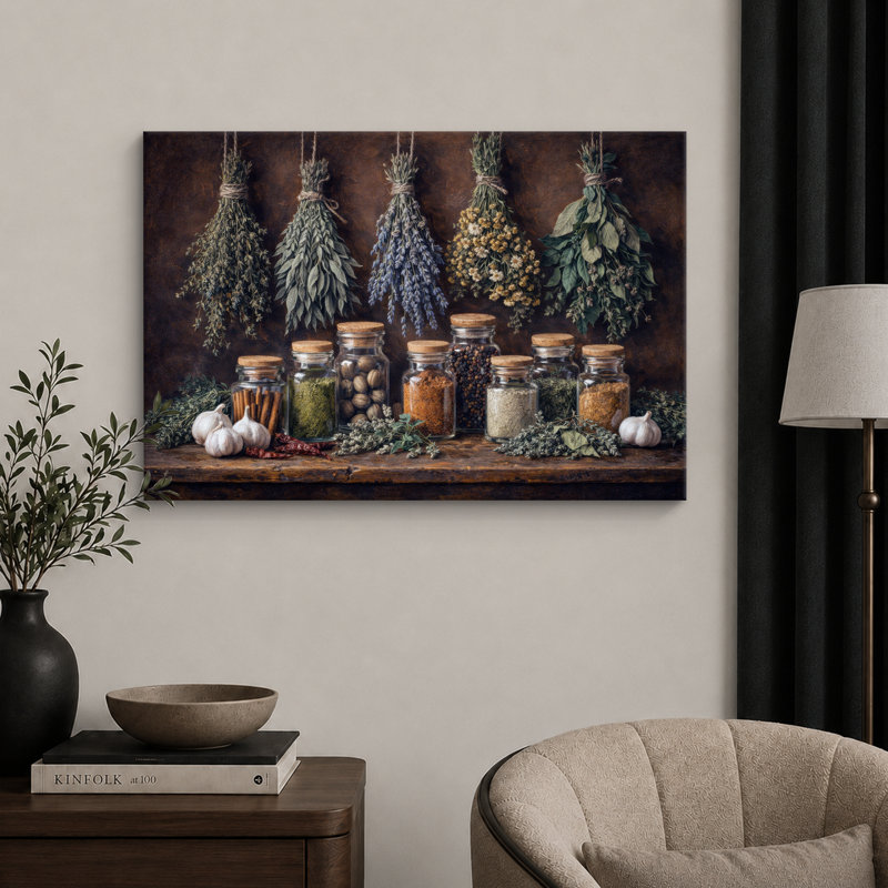 «Hanging Herbs and Spice Pots Vintage Kitchen Still Life», images de cuisine, impression sur toile encadrée, impression numérique