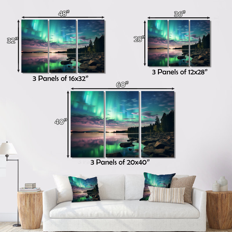 Ensemble de décoration murale Magical Lake Landscape Aurora Borealis II - aurores boréales, H 28 po x l 36 po x P 1 po