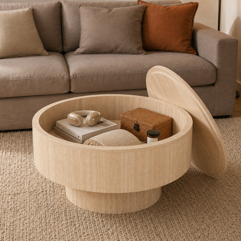 Table basse ronde de rangement de 68,5 cm (27 po) avec couvercle amovible et pied central