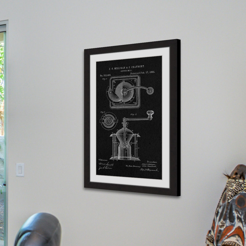 « coffee mill 1885 black paper » par steve king, reproduction d’art encadrée, H 24 po x l 16 po x P 1,5 po