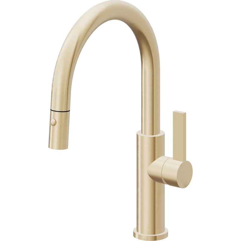 Corsano Contemporary Pull Down Kitchen Faucet with Button Sprayer Low Arc Spout and FB Series Handle, Satin Brass