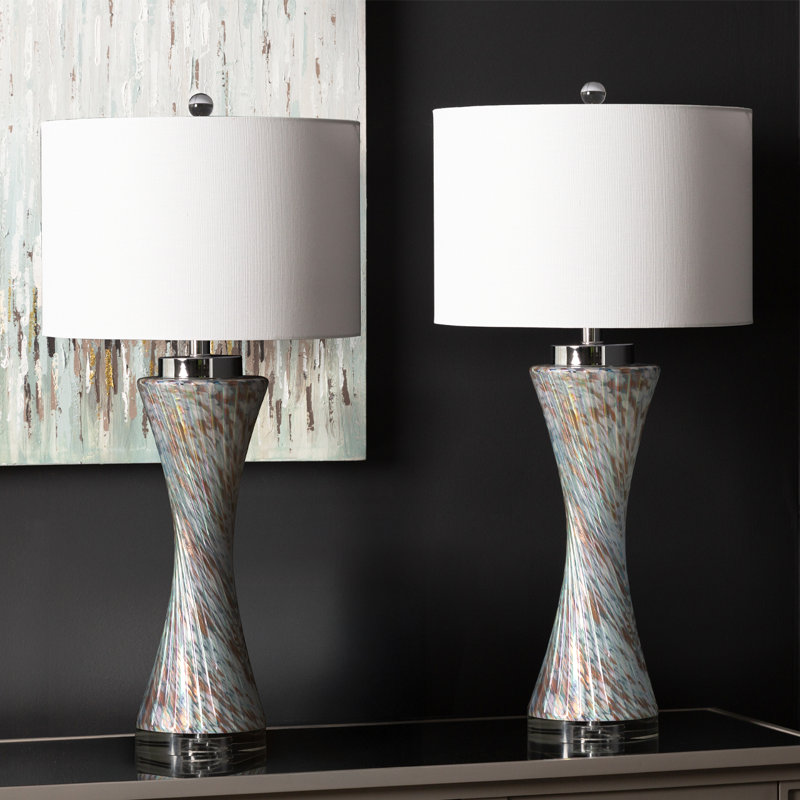 Tanveer Table Lamp with Glass Base For Bedroom Furniture, Bedside Buffet Lamp with Linen Shade, Blue/Gold, White, Blue/Gold