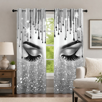 2Pcs Black and White Eyelash Pattern Curtains, Artistic Fashion Portrait Curtain, Creative Drip Design Graphic Printed Eye Grommet Drapes, Window Treatment for Bedroom Living Room Decor