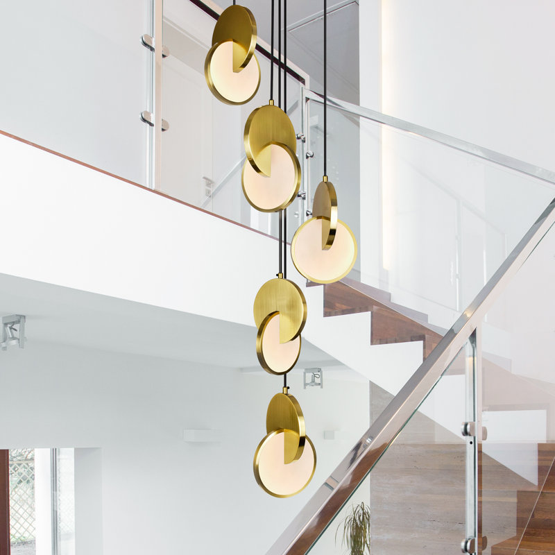5 Light Integrated LED Pendant, 18-Inch Brushed Brass Finish – Modern Decorative Ceiling Light with Intersecting Disc Design