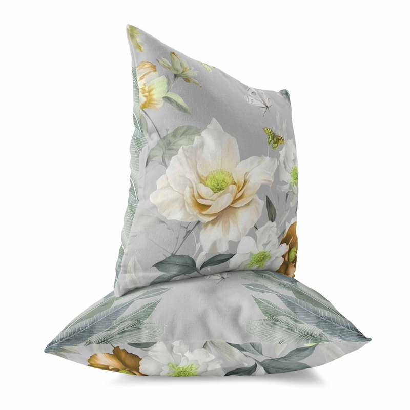 Coussin décoratif réversible Leafy Lepidoptera Medley, H 16 po x l 16 po, Blanc / or / gris