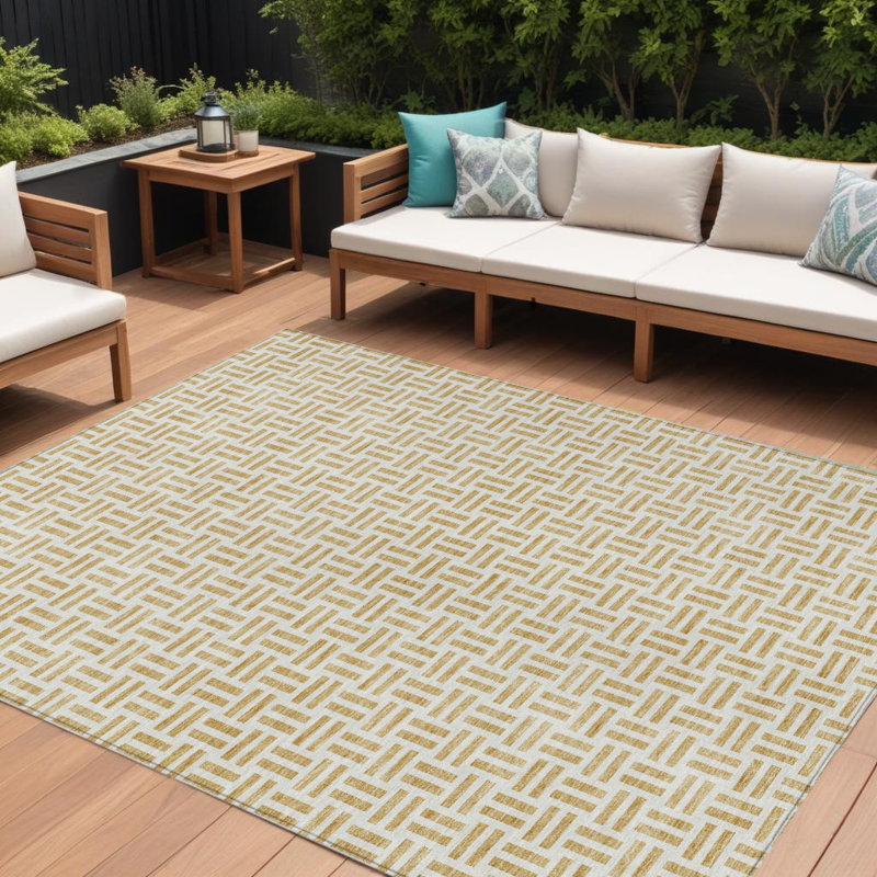 Tapis intérieur / extérieur géométrique lavable doré et ivoire 8 pi x 10 pi
