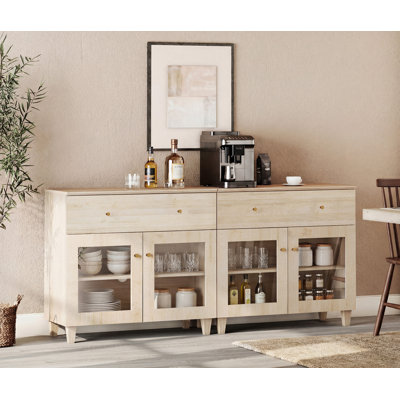 Grande armoire-buffet 2-en-1 avec portes et tiroirs en verre, armoire de rangement avec crédence moderne en bois de 71 po de largeur avec tablette pour le salon, la salle à manger