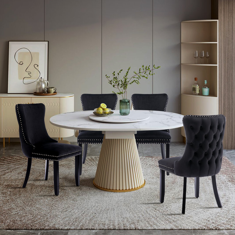 Chaise d'appoint rembourrée capitonnée en velours de cuisine moderne, Noir, Noir