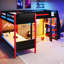 Lit superposé en L, lit mezzanine avec bureau intégré, tablettes et DEL