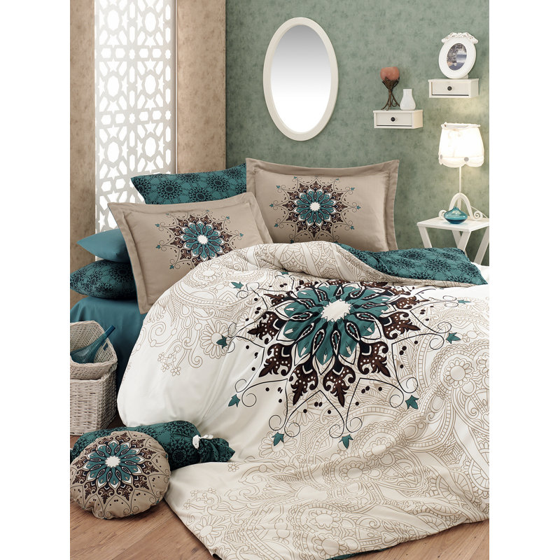 Ensemble de housse de couette 100% coton crème / vert / brun Hocker
