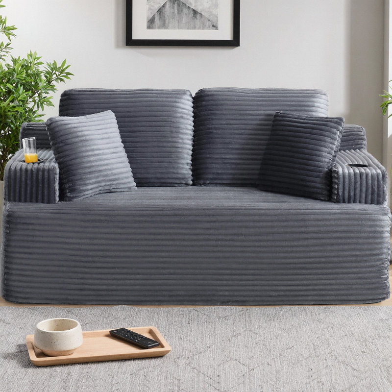Canapé de 66,5 po de style nuage sans os, canapé 2 places avec porte-gobelet et poches latérales, canapé en velours côtelé moderne à profil bas sans assemblage requis pour les petits espaces