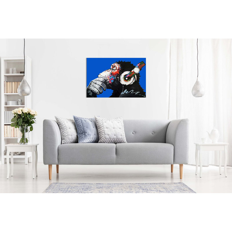 Cool Ape With DJ Heaphones - Wrapped Canvas Print, 20cm H x 31cm W, Blue