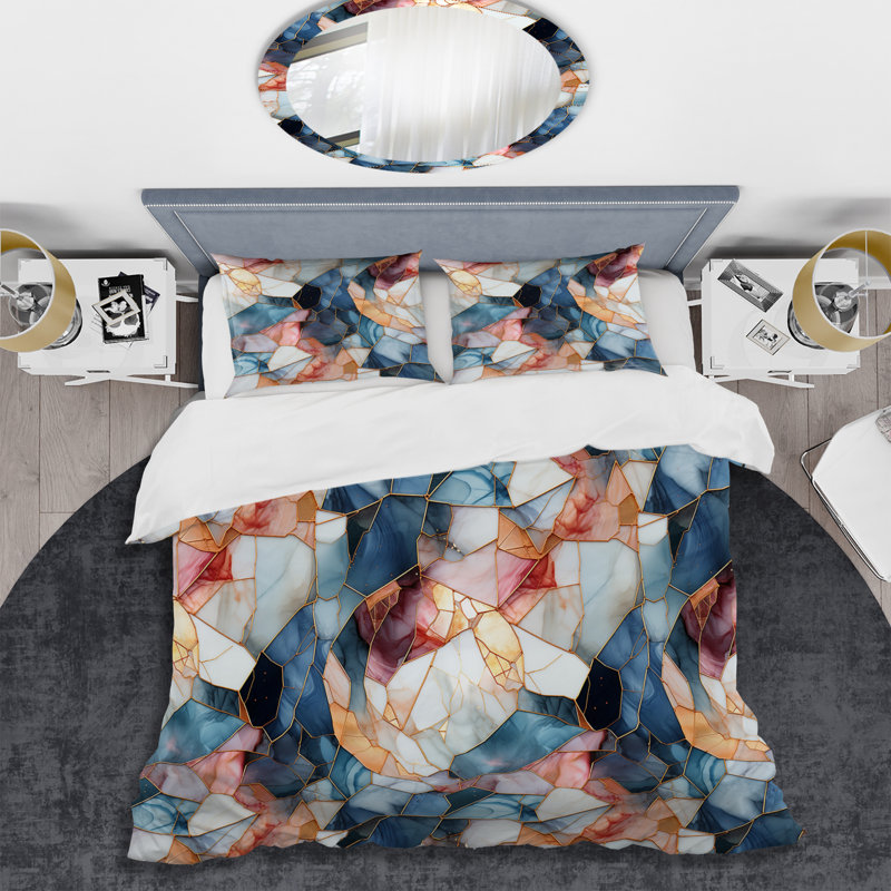 Teal And Red Marble Mosaic Elegance - Marble Duvet Cover Set, Housse de couette pour très grand lit et 2 très
