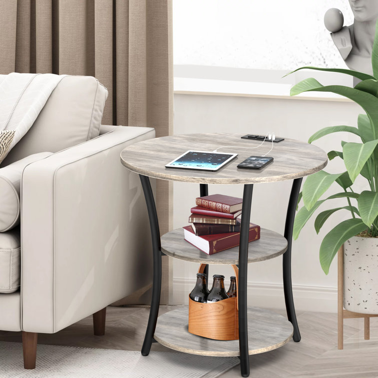 Jalane Tall End Table with 2 USB Ports, 2 Power Outlets, and 3-Tier Storage Shelves 17 Stories Color: Wash Gray