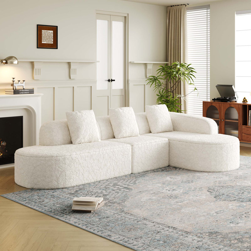 Canapé modulaire incurvé en forme de L de 111,8 pouces, design moderne avec tissu en polyester à poils longs texturé litchi, dossier incurvé avec 3 coussins