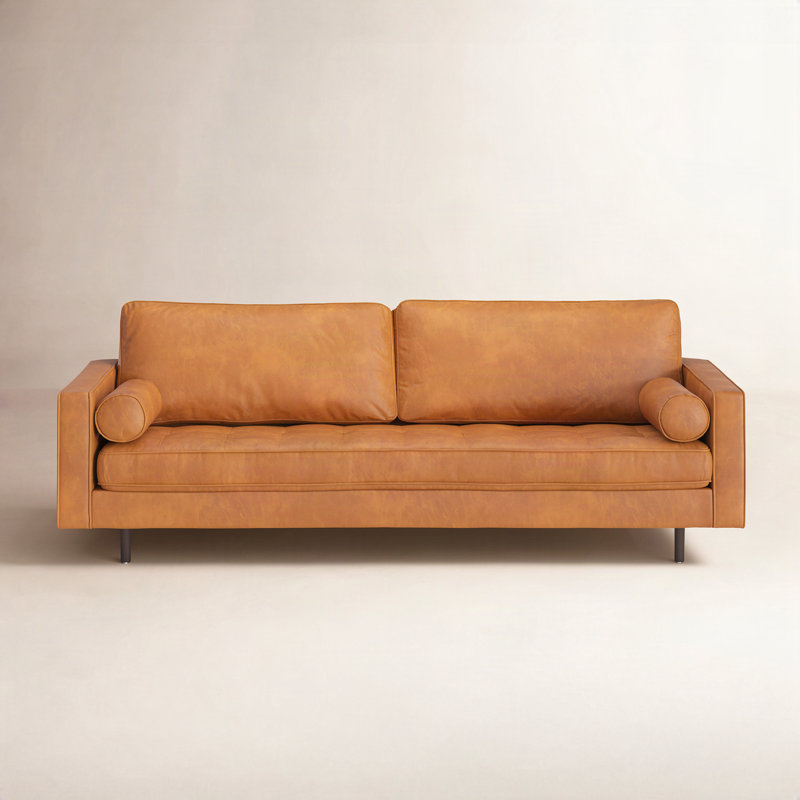 Geo 84 inch Genuine Leather Sofa, Caramel Genuine Leather