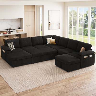 Kristi U Shape Sectional Sofa With Pull Out Bed, Sleeper Sectional Couch With Storage, Black