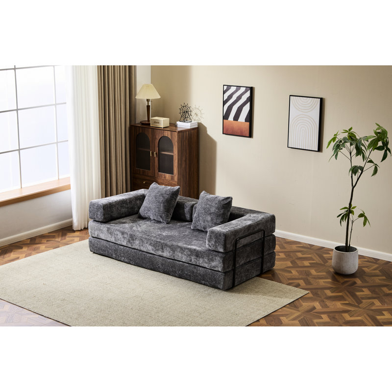 Dark Grey Comfy Futon Bed With Back Support And Armrest, Convertible Design, High - Quality Chenille, Memory Foam Filler, For Living Room Floor Pillow 3 Seat, Foam, Nap