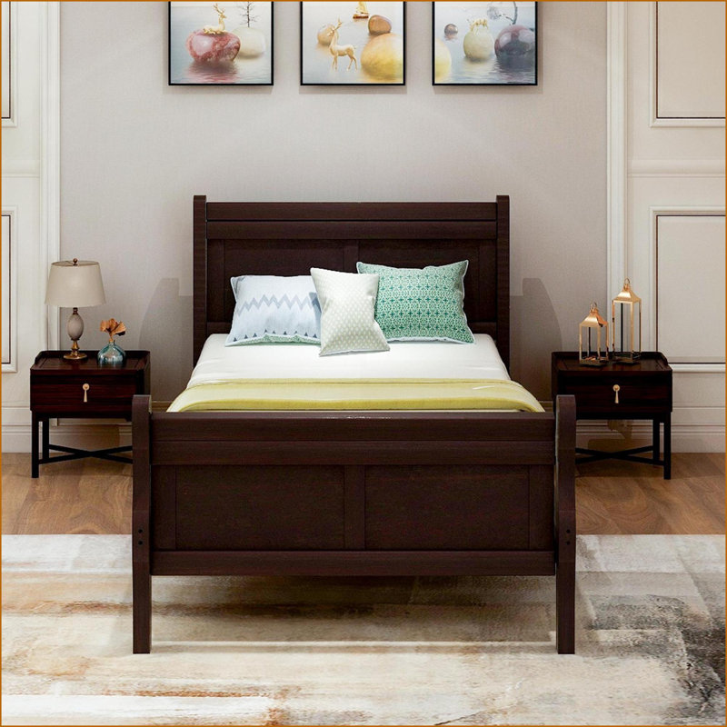 Structure de lit simple en bois massif avec tête / pied de lit - Aucun sommier nécessaire, espresso pour la chambre d'amis